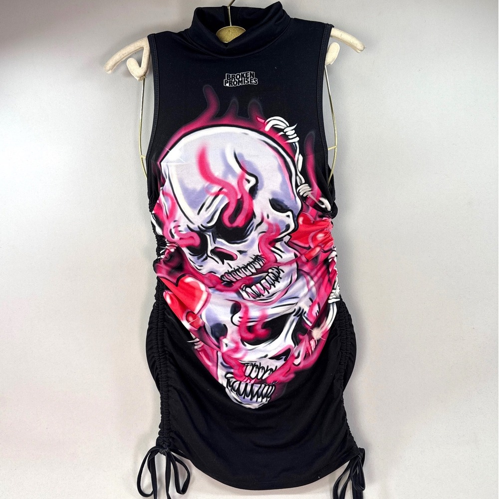 Broken Promises Womens Small Black Skull Graphic Ruched Mock Neck Mini Dress
